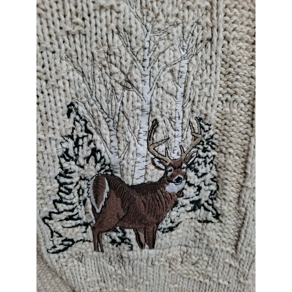 Shenandoah Deer Winter Scene Cable Knit Sweater‎ Outdoor Cabin Lodge Cozy L